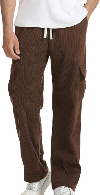 Suwangi Mens Baggy Cargo Corduroy Pants Casual Drawstring Elastic Waist Straight Leg Vintage Sweatpants for Men with Pockets
