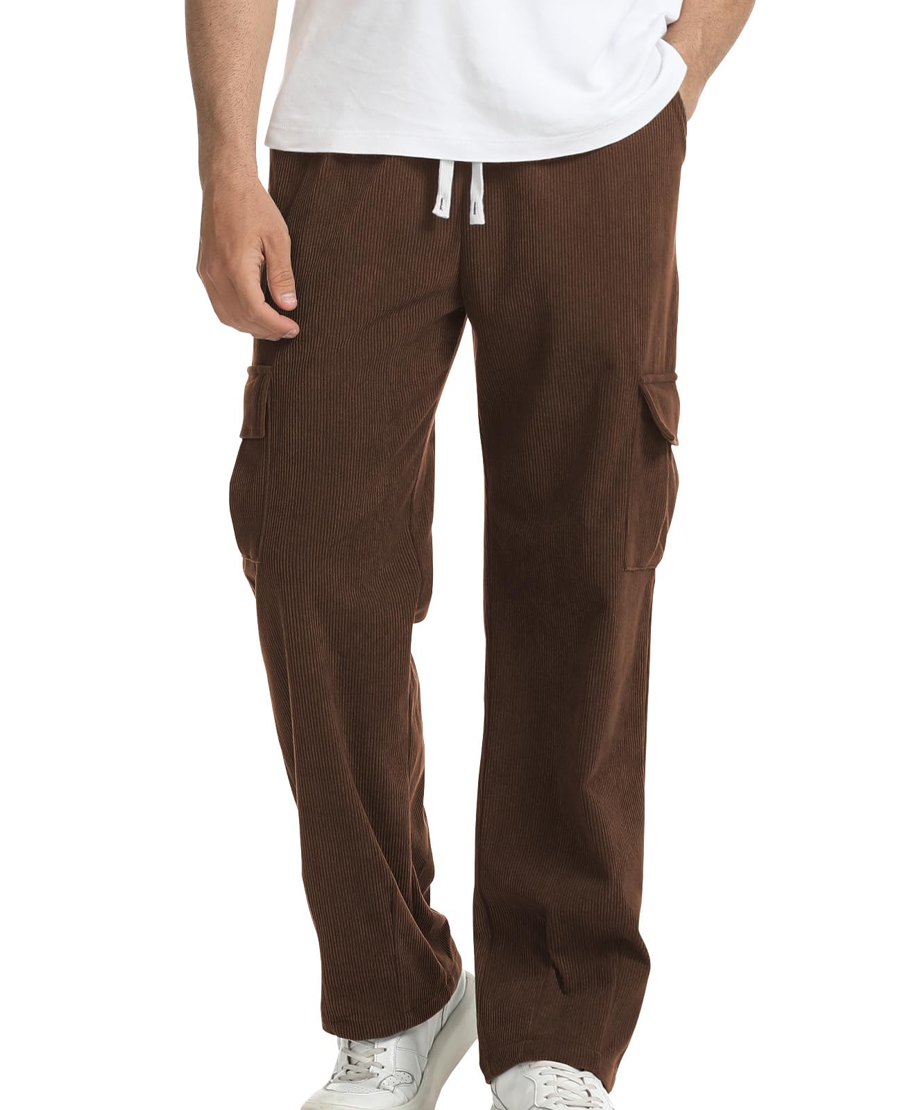 Suwangi Men's Baggy Cargo Corduroy Pants Casual Drawstring Elastic Waist Straight Leg Vintage Sweatpants for Men with Pockets