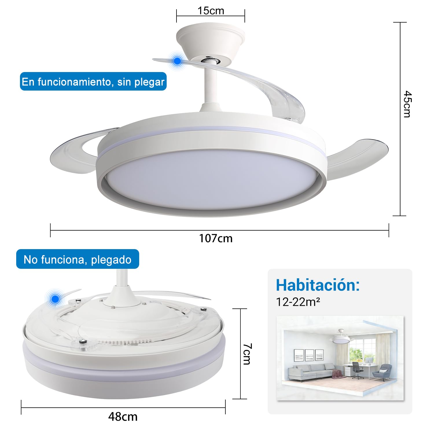 Ventilador de Techo con Luz LED 60W, con Mando a Distancia, Ø42in, temporizador, 6 velocidades, aspas retráctiles, 3 temperaturas de luz, función verano-invierno, 5600LM，Blanco minimalista moderno — view 3