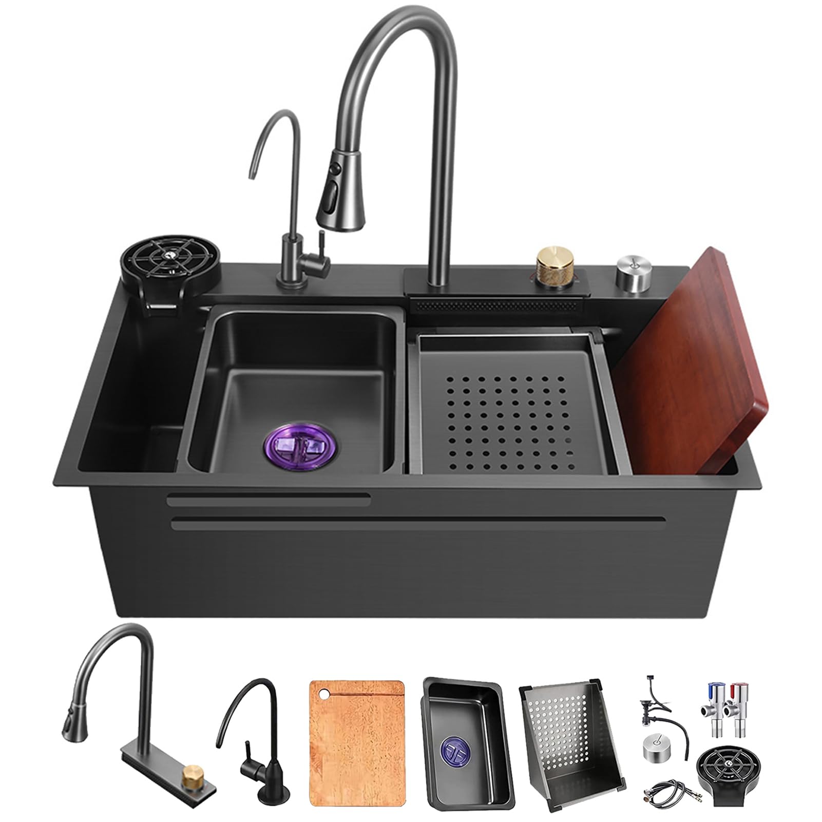 ZQFHSX New Stainless Steel Waterfall Sink, Bar Prep/Kitchen 304 With Cup Washer Sinks, Drop-in Or Undermount Installation (Size : 75x46x22cm)