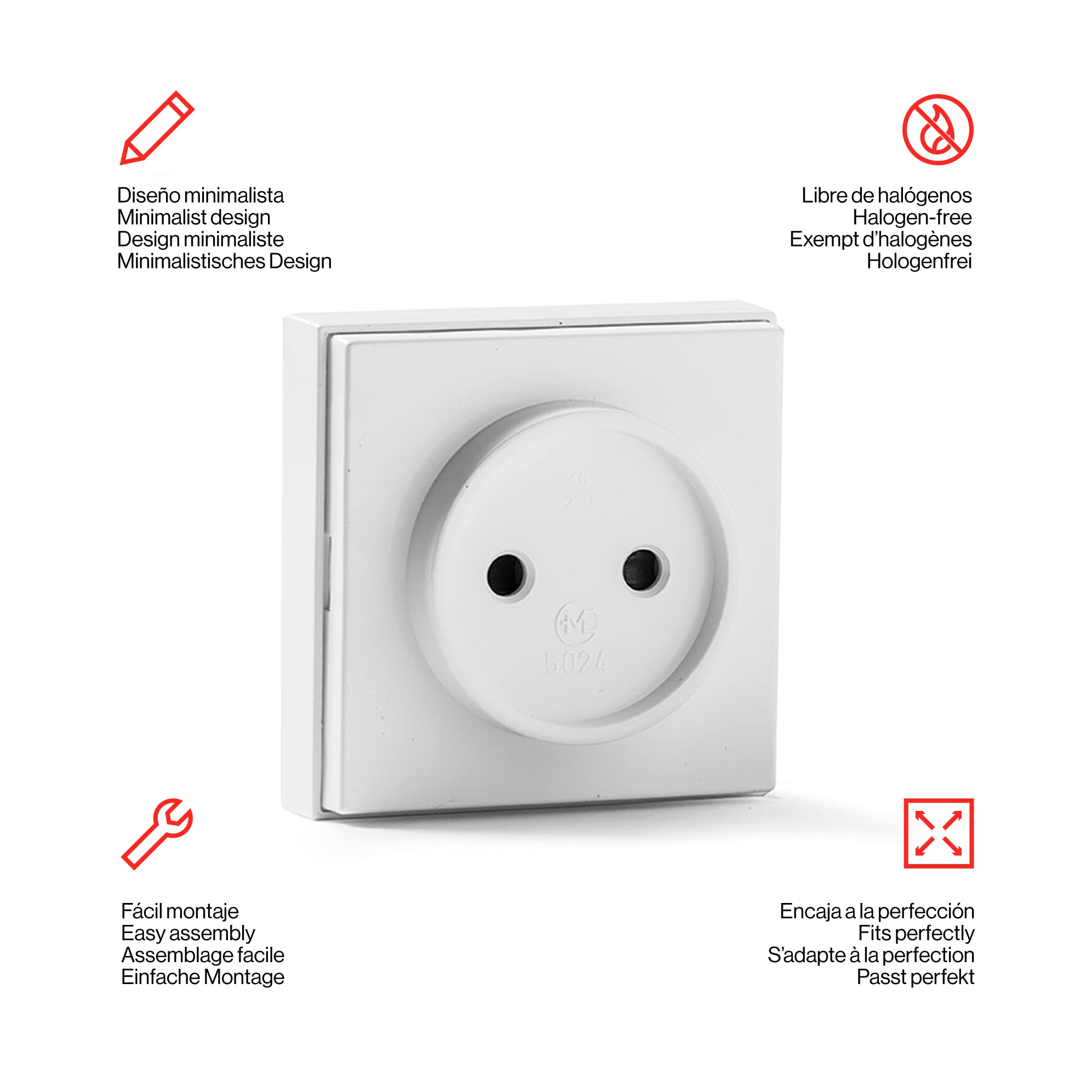 FAMATEL – Toma de corriente sin TT | Superficie | 65 x 65 mm | 16A | 250V | Fácil instalación | Serie 5000 | Blanco |