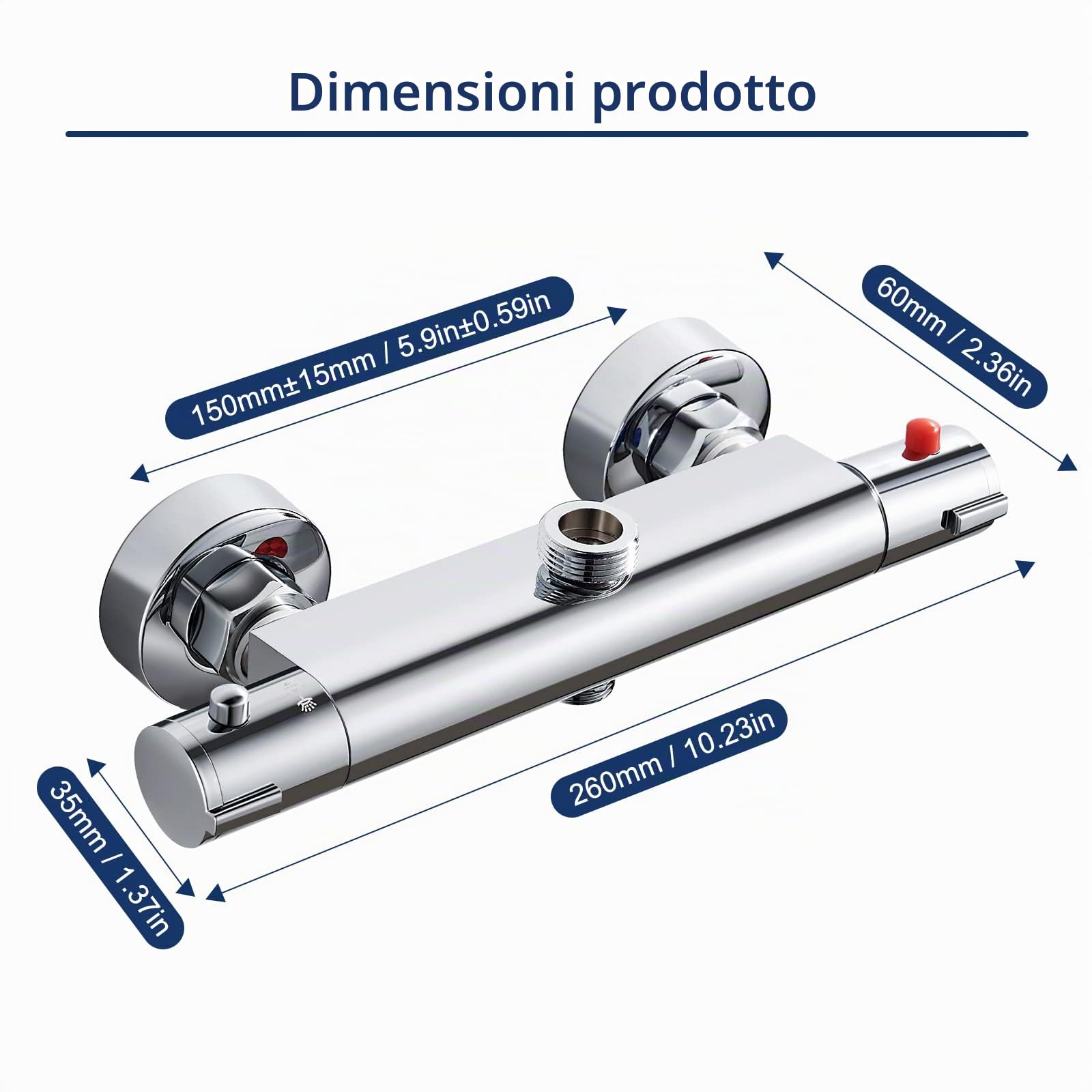 Rubinetto doccia con termostato, 2 prese, miscelatore doccia, rubinetto superiore 3/4 "BSP (26,4 mm) + inferiore 1/2"BSP (21 mm), in ottone, protezione contro scottature, termostato per doccia