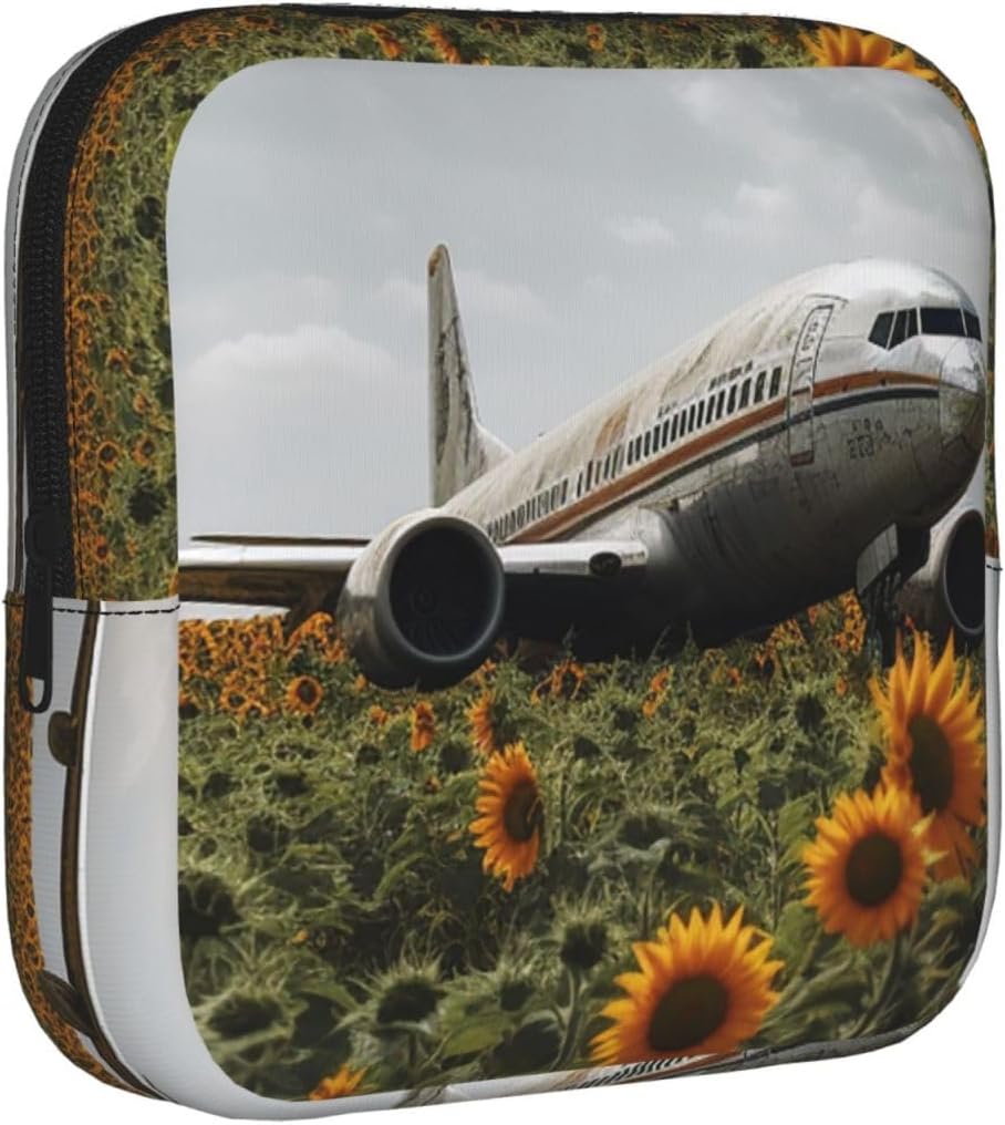 Period Bag Pouch for Women,Sanitary Napkin Storage Bag Portable Period Pad Pouch Small Make Up Bags Plane Flies To Sunflower Field Tampon Holder For Purse Travel Daily Use