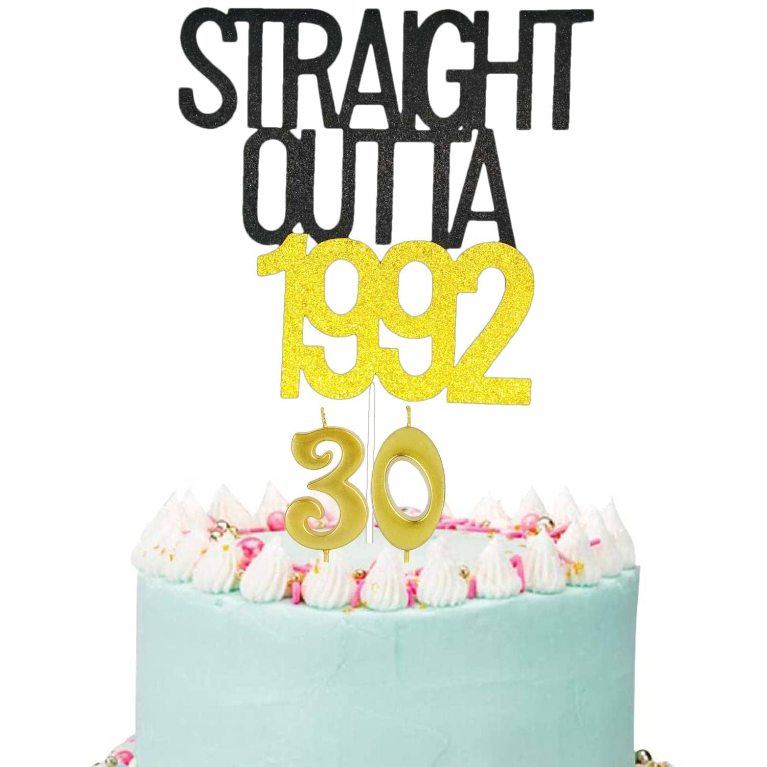 Straight Outta 1992 Cake Topper, Gold and Black 30th Birthday Cake Topper with Number 30 Candles, 30th Birthday Candles,Cheers to 30 Years, 30 Fabulous for Women Men 30th Birthday Party Decorations