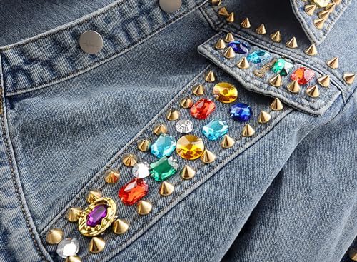 Women's Retro Rivet Long Sleeve Denim Jacket Colored Rhinestone Denim Jacket4