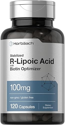 Horbaach - Ácido R-lipoico 100 mg 120 cápsulas con optimizador de biotina Sin OMG, sin gluten Suplemento estabilizado de ácido R-lipoico