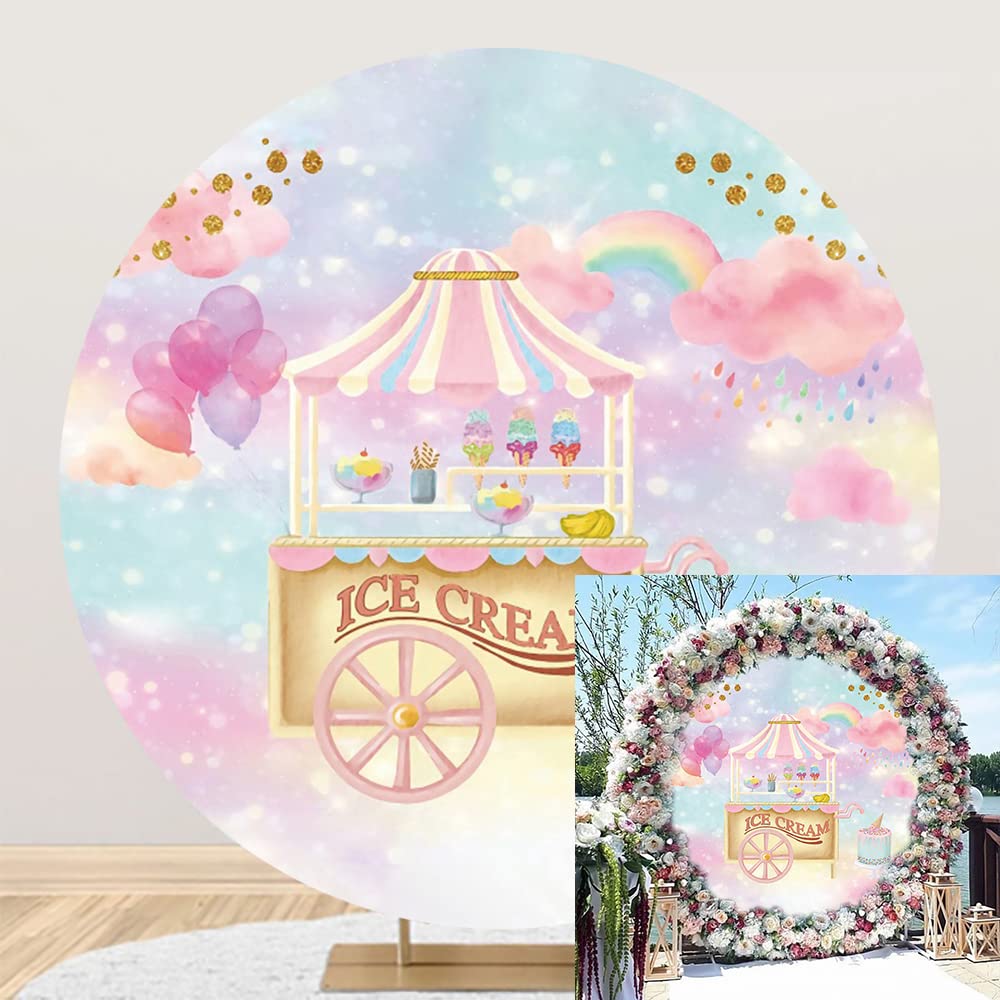 Leyiyi 7.2x7.2ft Sweet Ice Cream Round Backdrop Cover Polyester Cartoon Pink Sky Clouds Rainbow Glittering Fairy World Photography Background Kids Girls Birthday Party Baby Shower Decor Studio Props