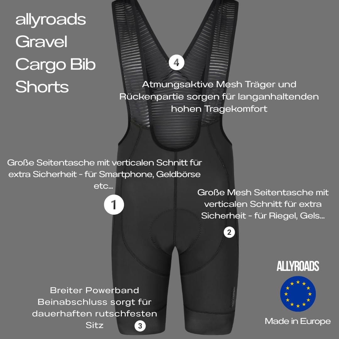 Gravel Cargo Bib Shorts Herren Fahrradhose mit 3D Sitzpolster,4 Taschen und Powerband-Radhose für Gravel, Bikepacking, Rennrad