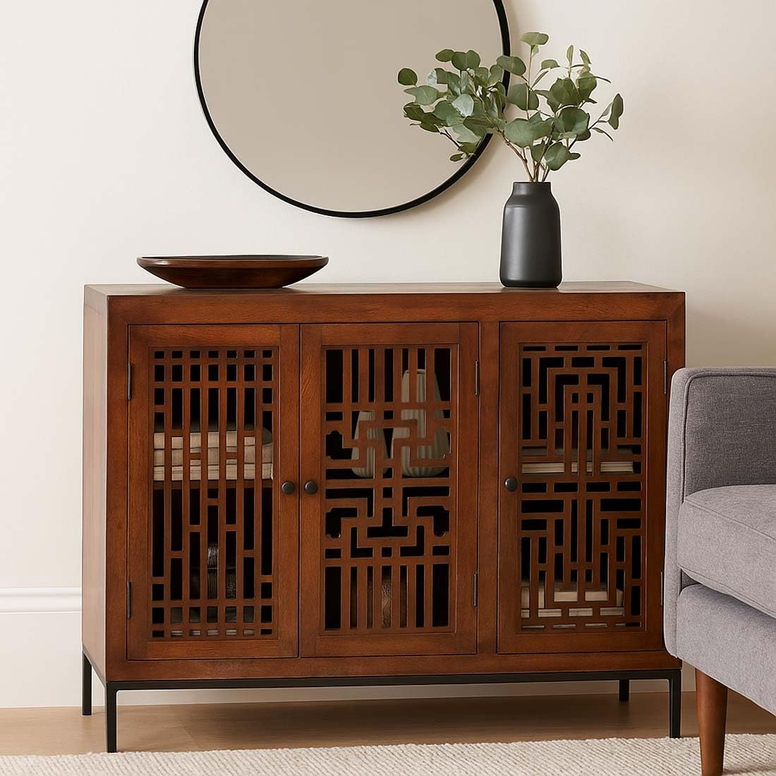 Solid Mango Wood 3-Door Storage Sideboard Metal Free Standing Sideboard (Finish Color - Brown)-image-0