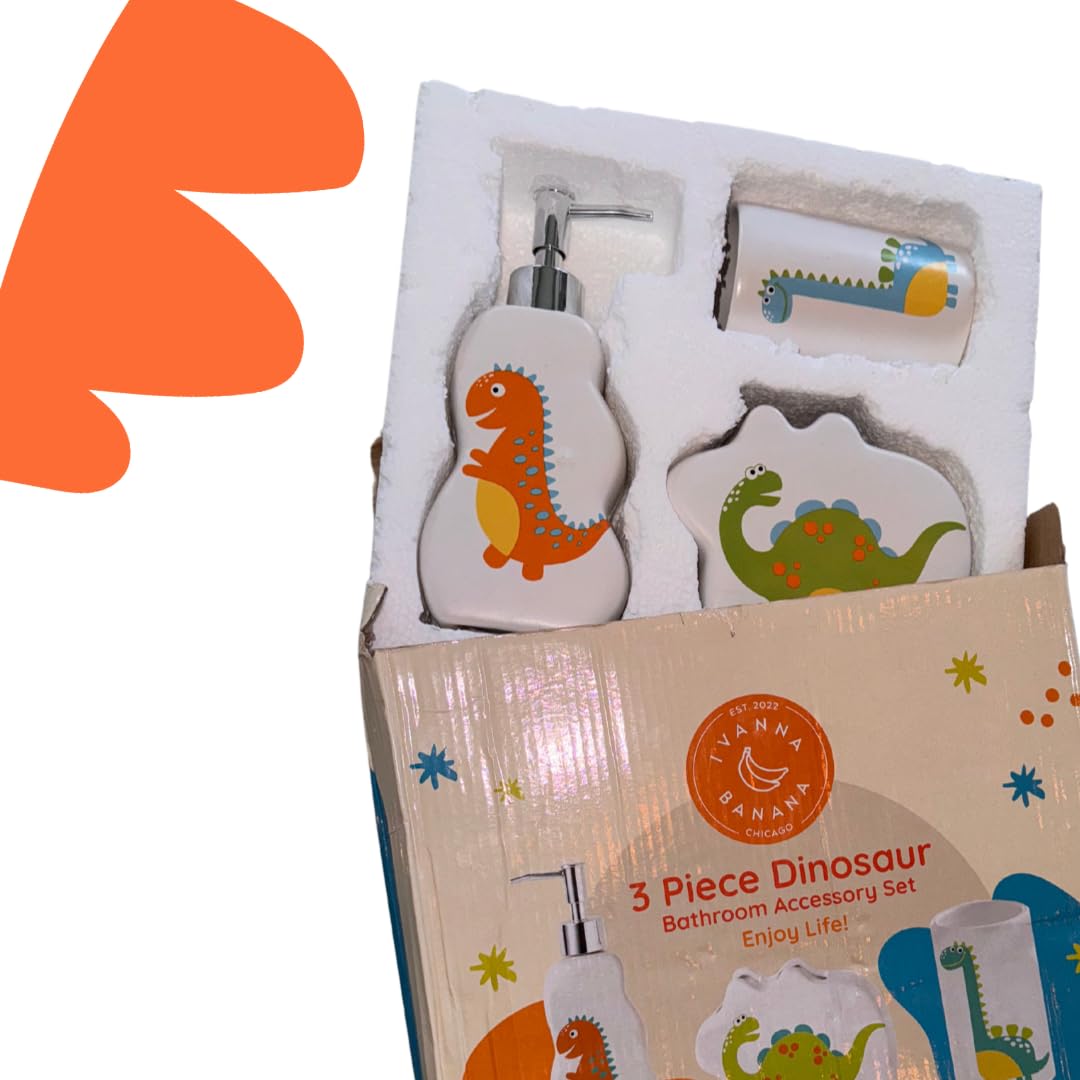 Juego de baño de dinosaurio para niños – 3 piezas divertidos accesorios de baño para niños, incluyendo soporte para cepillo de dientes, dispensador de jabón y taza – Adorable decoración