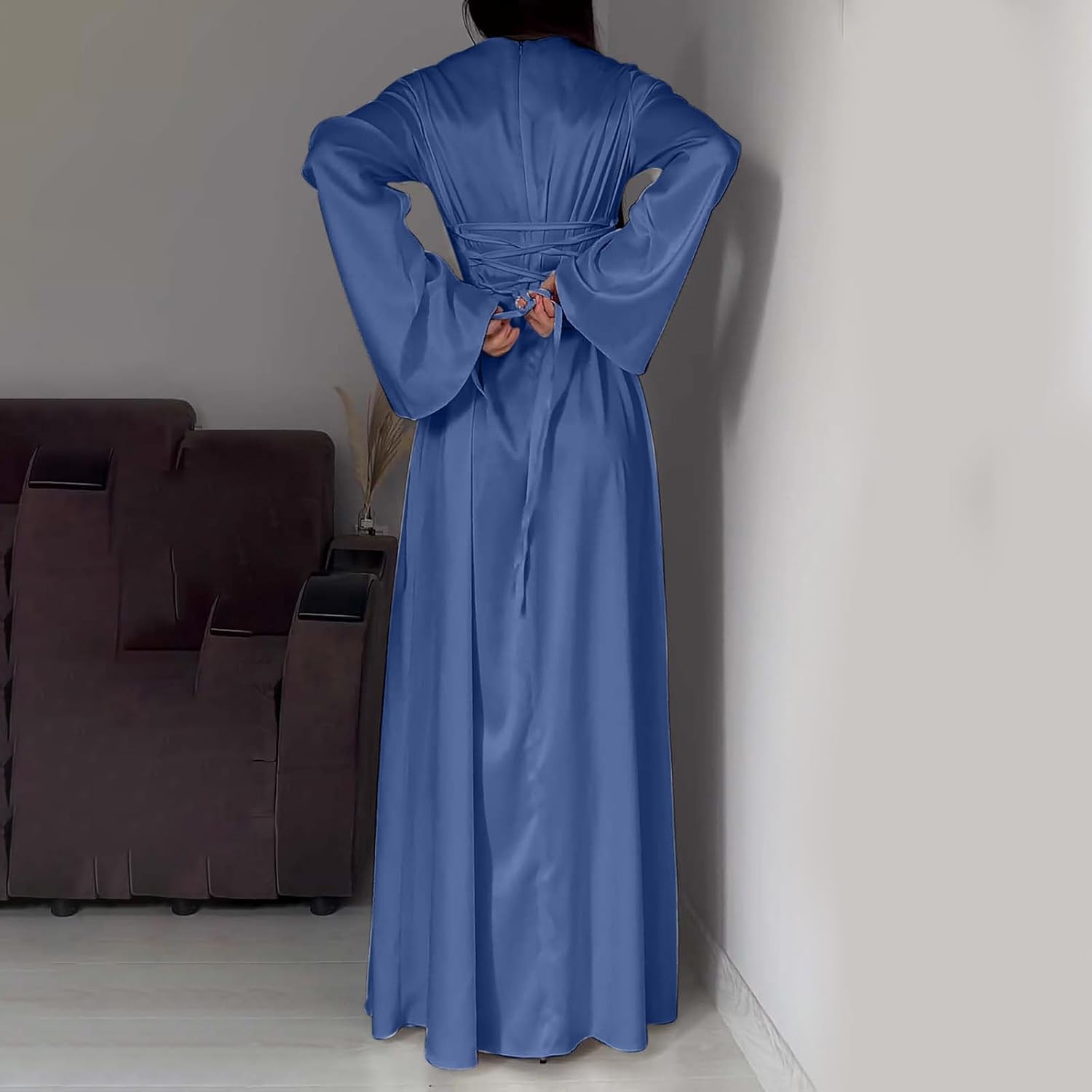 Women's Slip Satin Maxi Dress Bell Long Sleeve Crew Neck Back Lace Up Bandage Tie Formal Party Evening Wedding Gowns