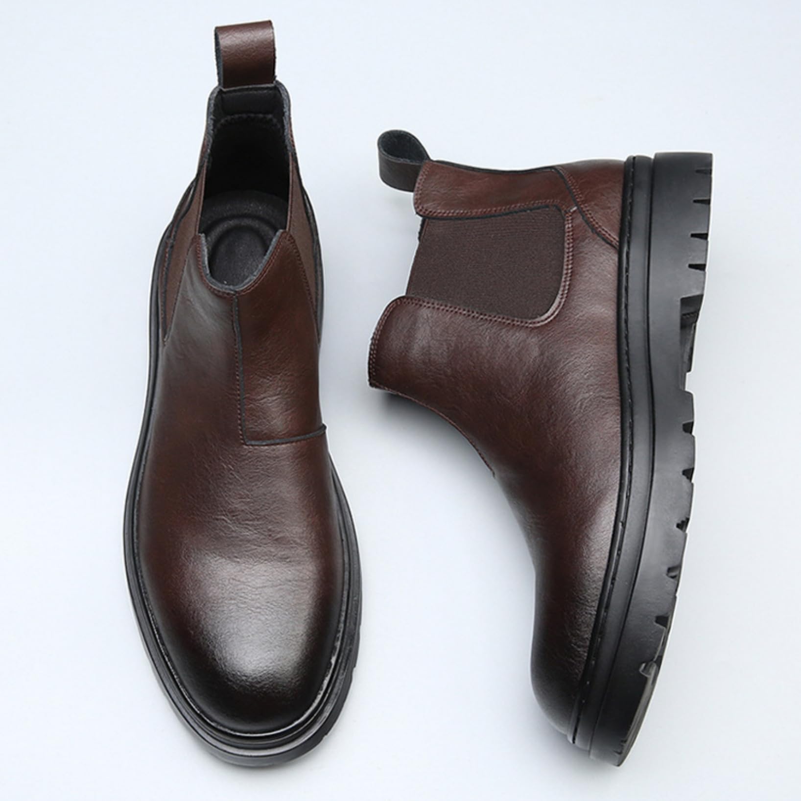 Genérico Hombre Tacón Plano Botas Cortas De Plataforma Punta Redonda Cuero PU Botines Chelsea Sin Cordones Bota Casuales