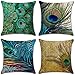 Lot de 4 housses de coussin décoratives en coton et lin avec plumes de paon 45,7 x 45,7 cm
