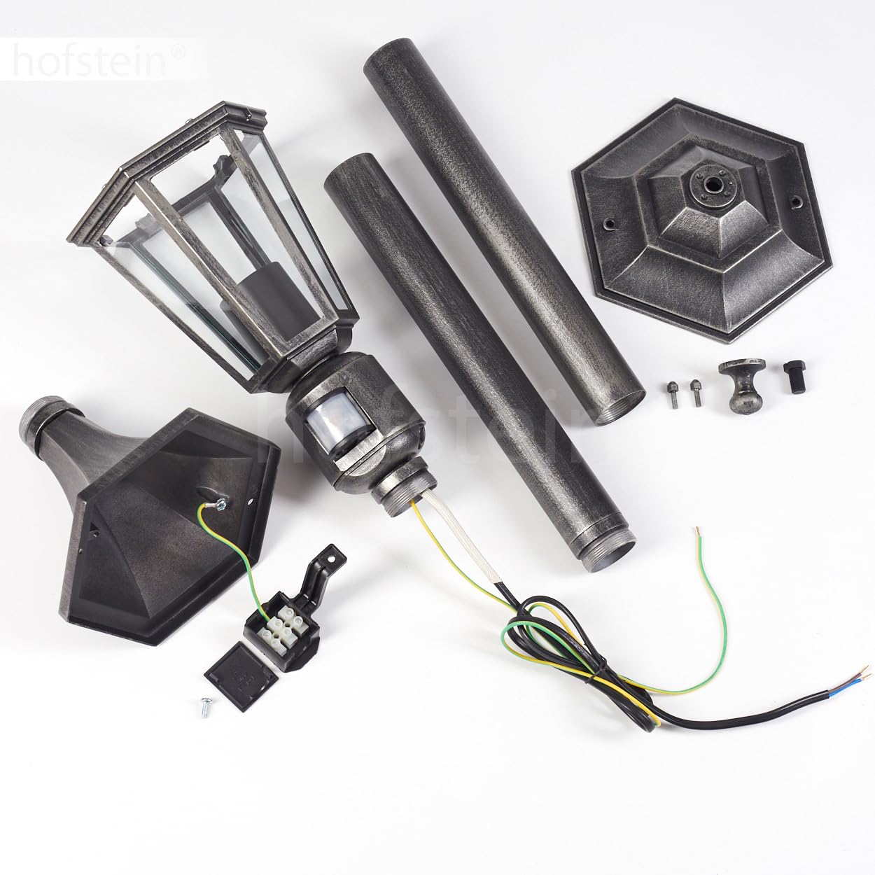 HOFSTEIN Lampa zewnętrzna Loria, lampa drogowa z czujnikiem ruchu z metalu/szkła w kolorze czarno-srebrnym/przezroczystym, lampa zewnętrzna o wyglądzie antycznym, wysokość 107 cm, oświetlenie ogrodowe