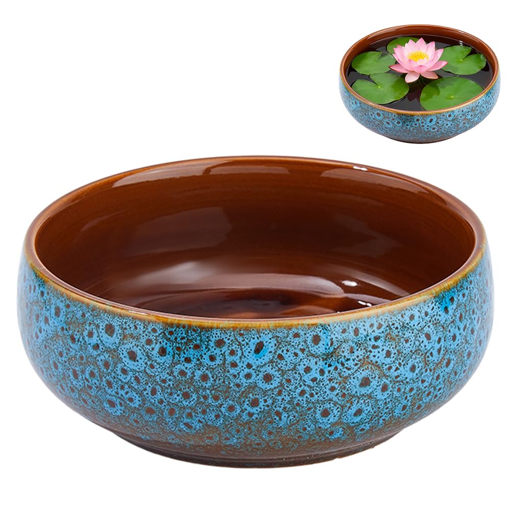 DICOSMETIC Ceramic Lotus Bowl Planter Aquatic Plant Bowls Water Lily Bowl Planters Glazed Planter Pots 16cm Dx6.2cm H for Lotus Seeds Bonsai Succulents Hydroponic Plants, Steel Blue