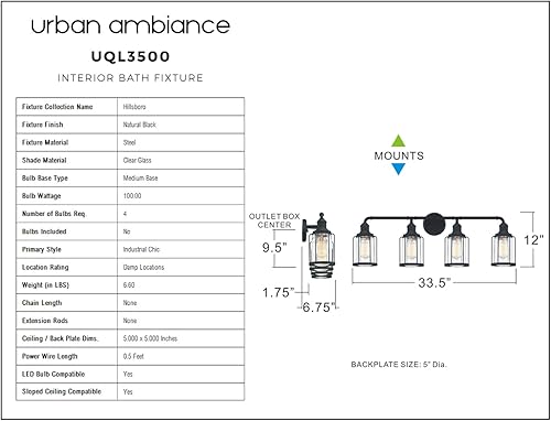 Miniatura 8 de Urban Ambiance Lámpara de tocador de baño industrial elegante de lujo, tamaño grande: 12 pulgadas de alto x 33.5 pulgadas de ancho, con elementos de