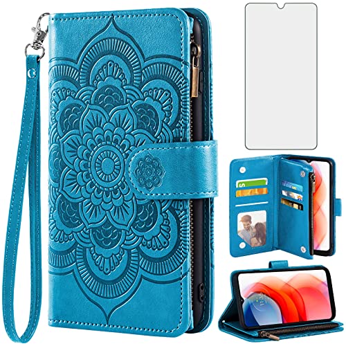 Coque Moto G Play 2021 bleue à motif fleur avec clapet rabattable et verre