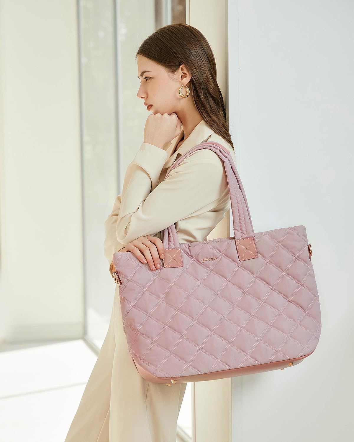 Prite Tote Bag for Women Lightweight Puffer Tote with Compartment Quilted Work Bag - Image 2