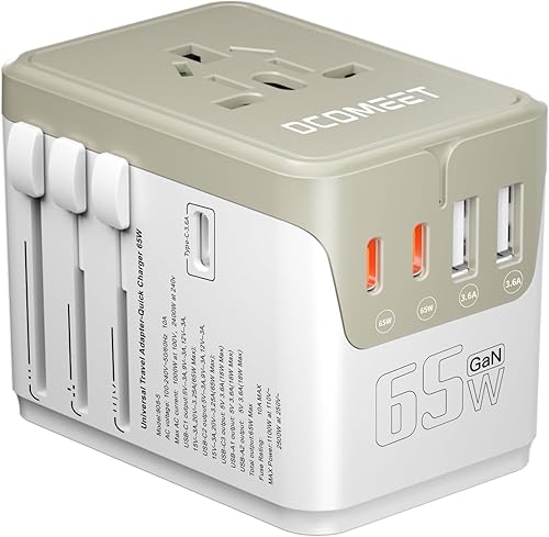 Adaptador de viaje universal de 65 W, adaptador de viaje internacional GaN con adaptador de corriente de 3 tipos C y 2 USB-A, cargador rápido para