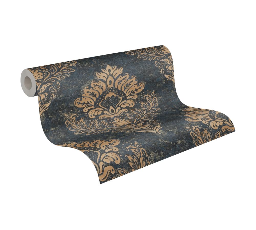 Alena Floral Damask Ornament Wallpaper - Textured Vinyl - Black - A.S. Creation