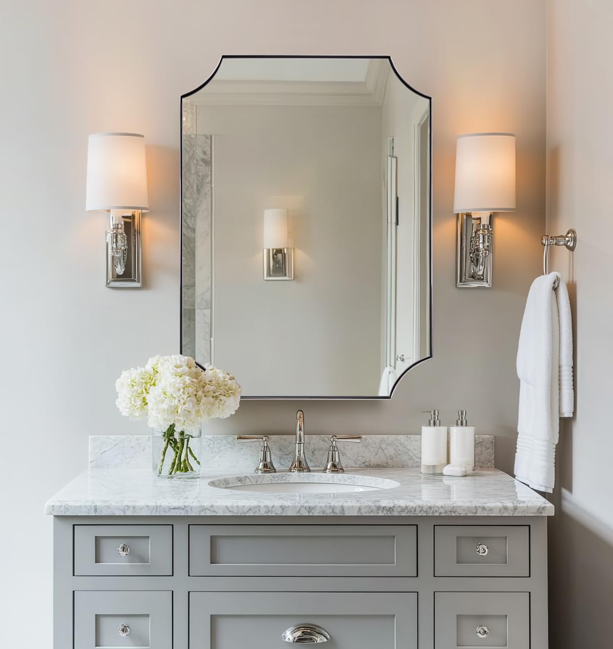 ANDY STAR Chrome Mirror 22x30 Inch, Scalloped Bathroom Mirror, Polished Chrome Framed Mirror in Anti-Rust Stainless Steel Metal Thin Frame Deep 1’’, Unique Scalloped Edge Design