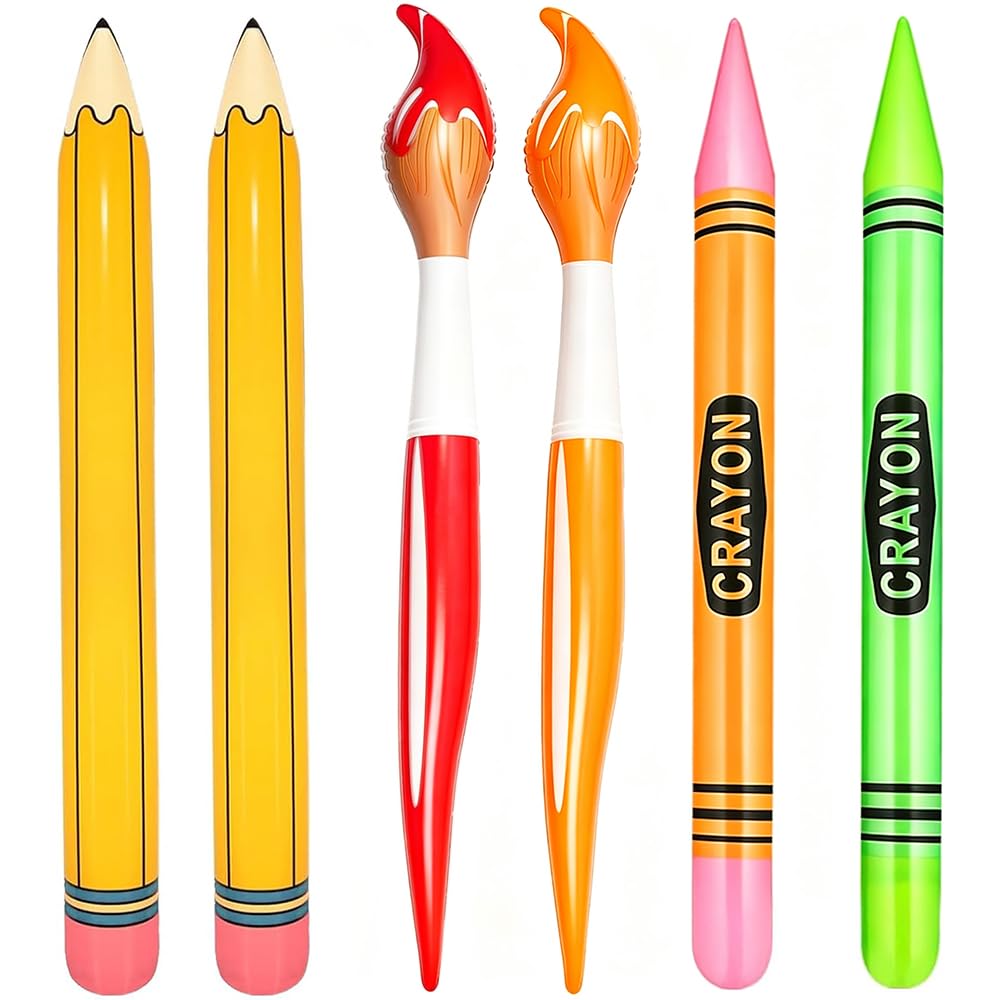 Foreverup 6 Pcs Giant Inflatable Crayon, Giant Inflatable Paint Brush Crayon Pencil Set, Blow Up Pencils Paint Brush Crayons for School Classroom Decorations Back to School Balloon Supplies