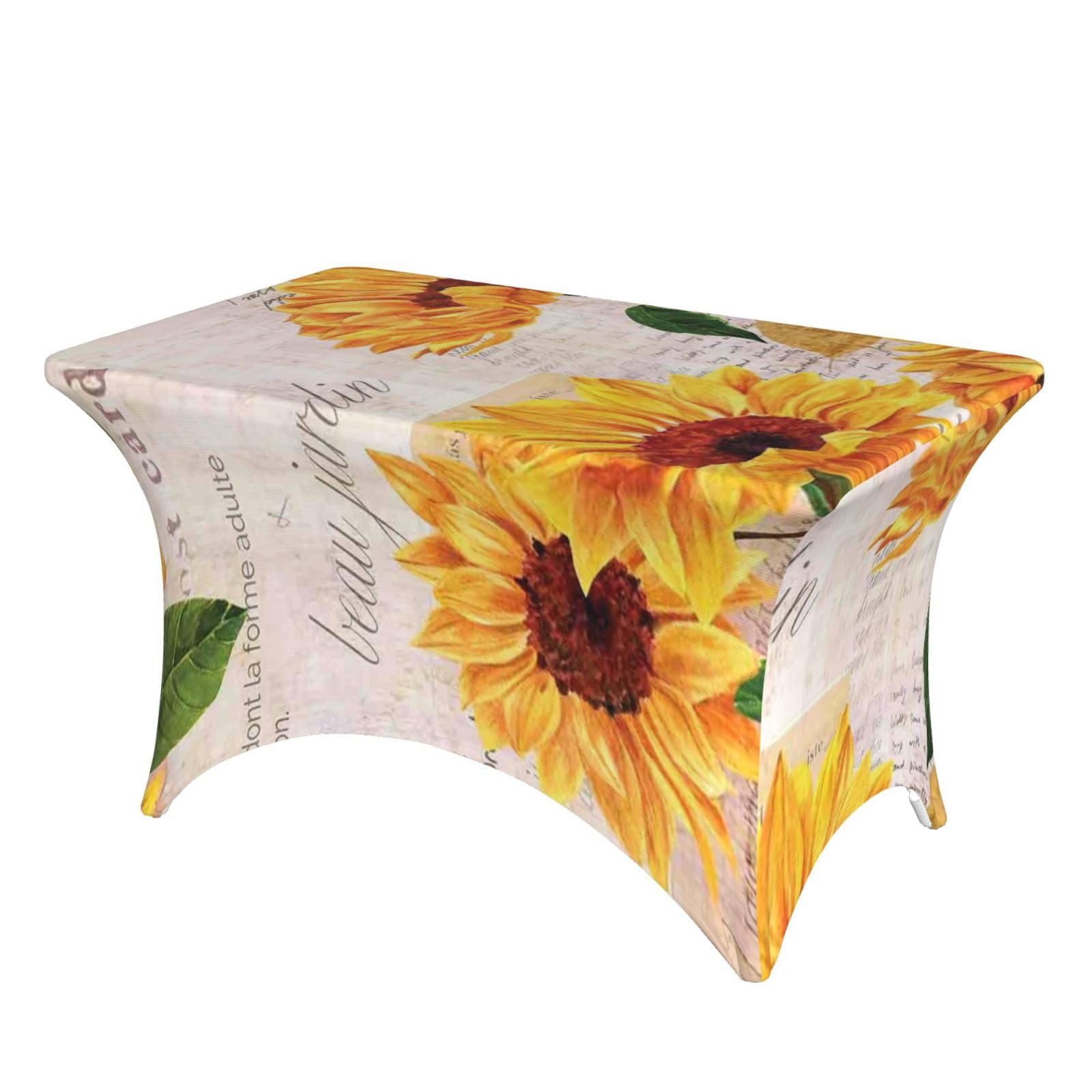 DCEHGEW 4FT Spandex Rectangular Table Cloth, Sunflower Printed Fitted Elastic Tablecloths Washable Table Cover for Event, Wedding, Banquet & Party
