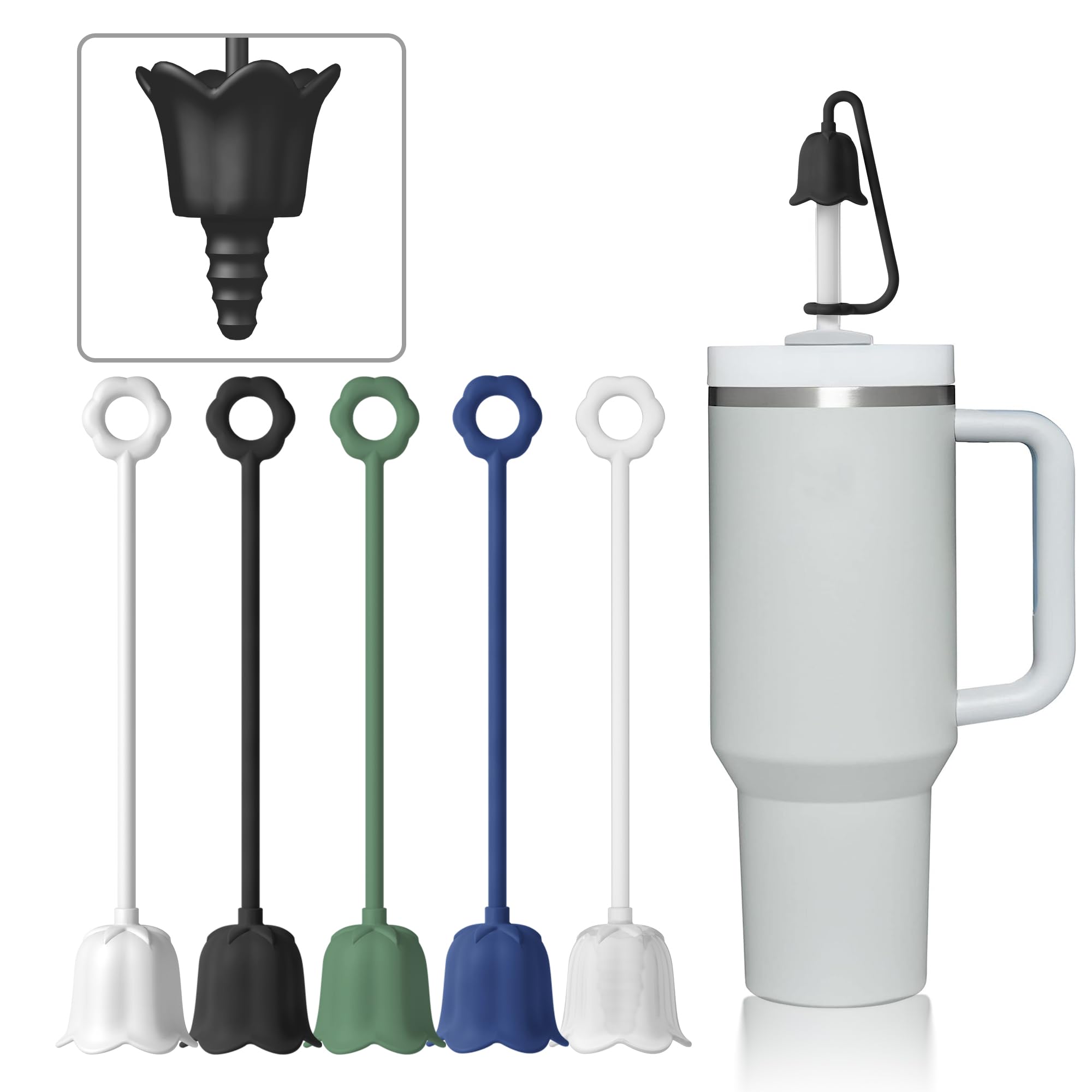 5Pcs Silicone Straw Cover Cap for Stanley Tumbler Cup, Reusable Drinking Straw Covers Easy to Clean, Dust-Proof Flower Straw Topper Compatible for 6-10m/0.23-0.4inch Straws (Multi color C)