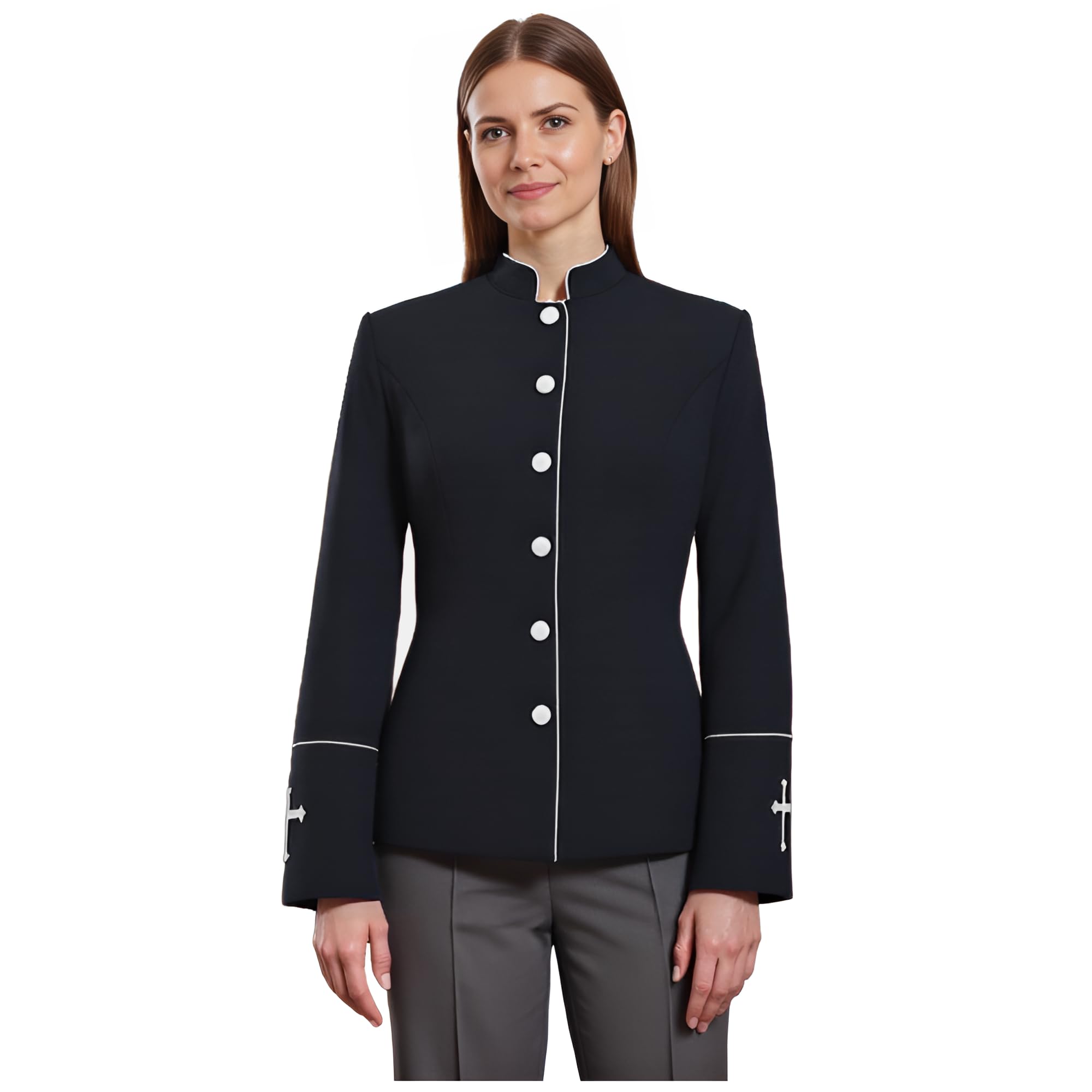 FAD-4U Women Long Sleeves Clergy Coat with Stand Up Collar Button Down Pastor Clergy Dresses