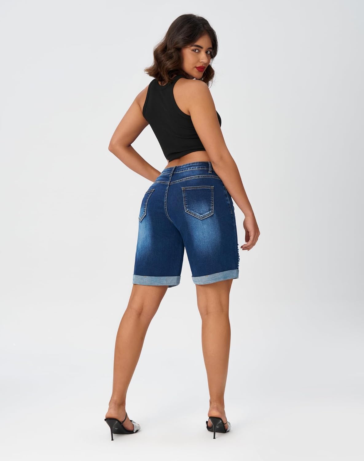 roswear Women’s Wide Leg Bermuda Shorts High Waisted Stretchy Distressed Baggy Denim Jean Shorts - Image 4