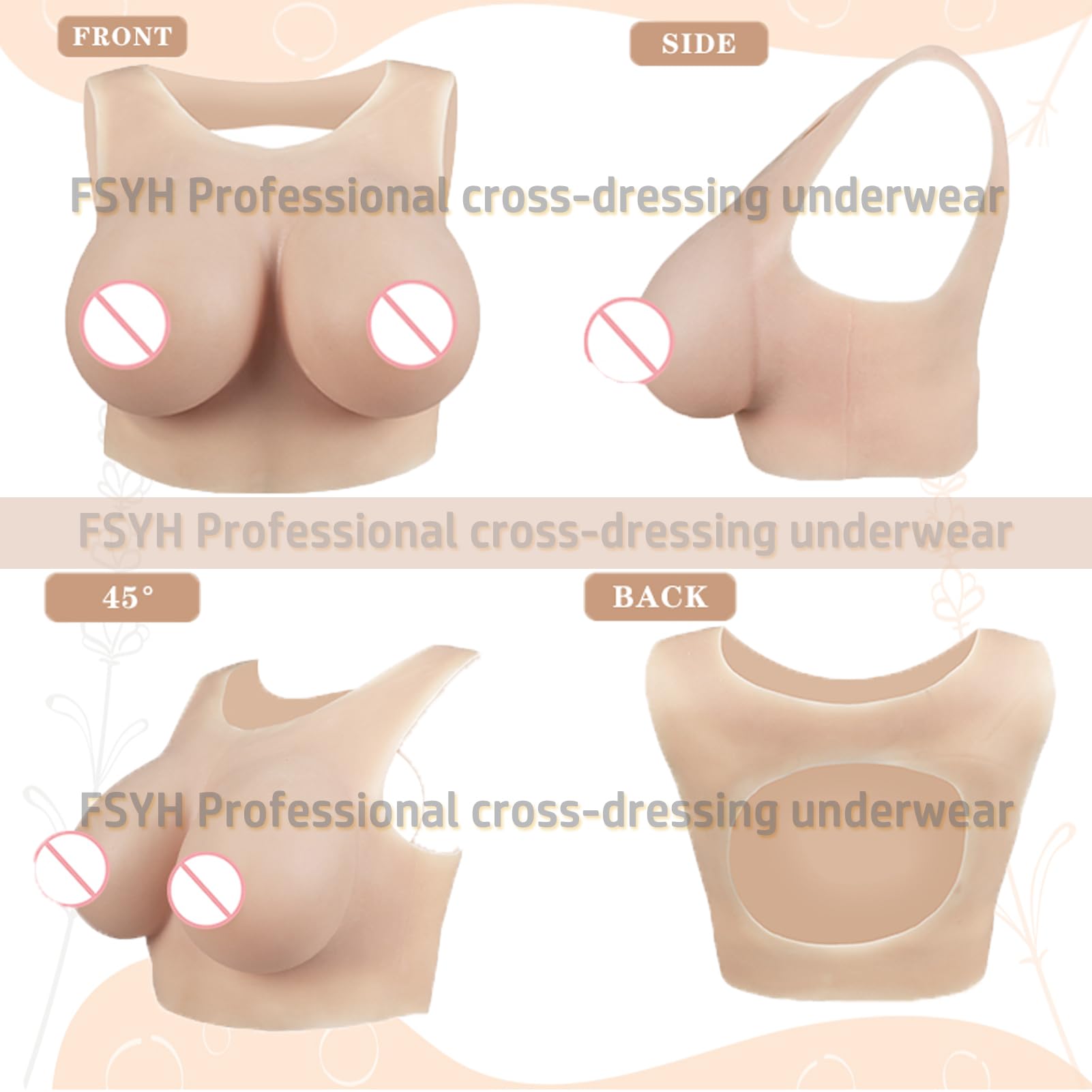 FSYH Silikonowe płyty piersi Fałszywe piersi Formy piersi Puste plecy Ulepszenia piersi dla Cosplay Crossdresser Transgender,Light beige,Silicone~D`CUP