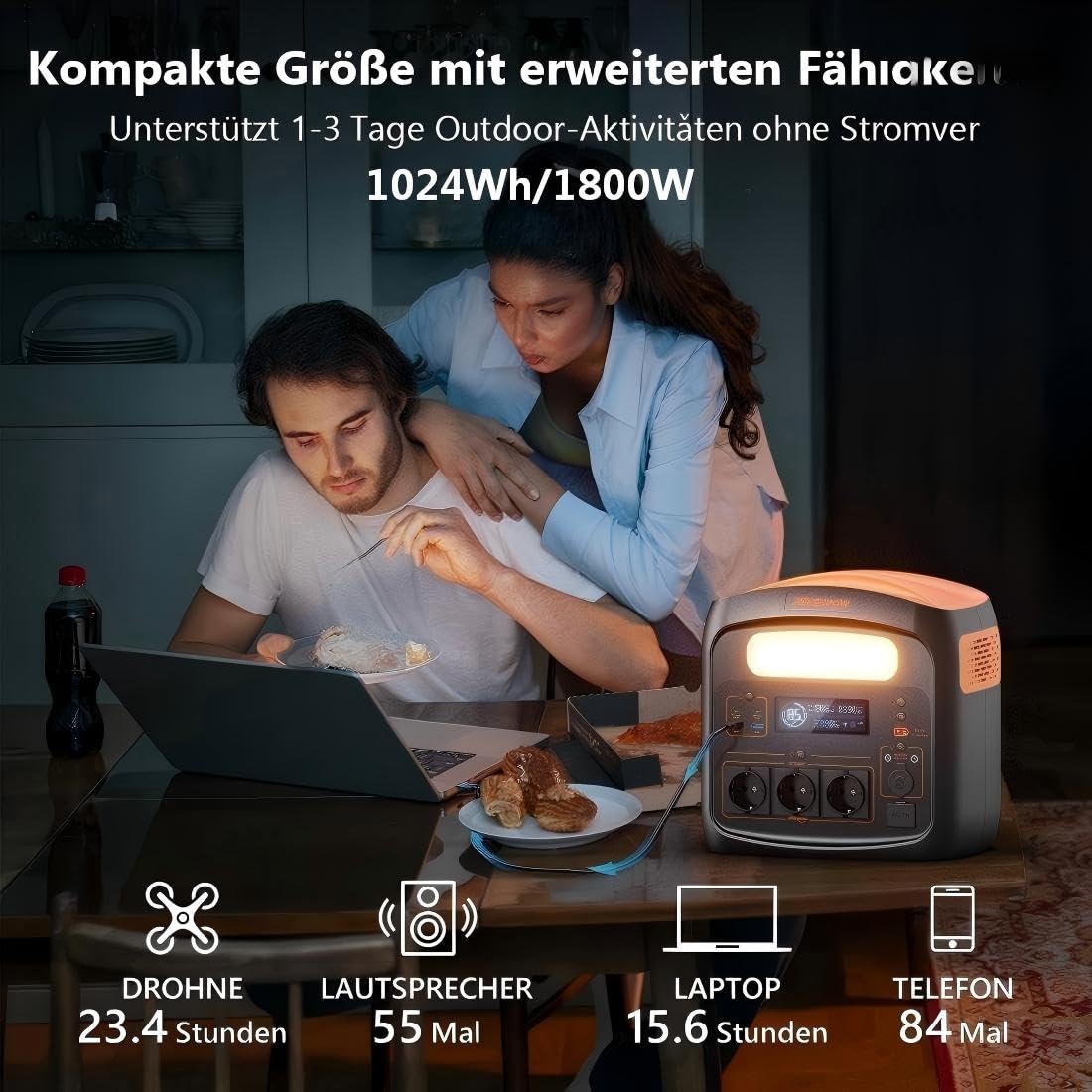 Tragbare Powerstation 1800W(3600W Spitze)/1024Wh, LiFePO4 Akku, 0-80% in 45 Min aufgeladen, USB-C-100W, 230V AC Steckdosen, MPPT 400W Solarladung, Solargenerator für Camping, Outdoor