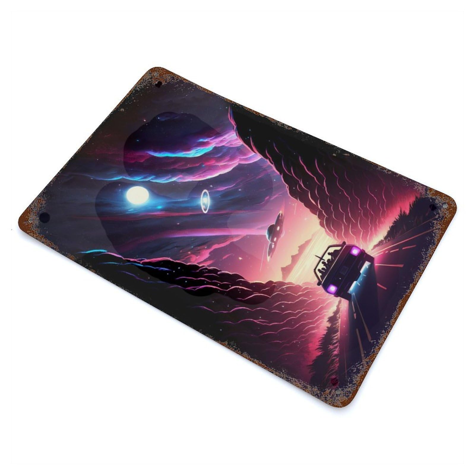 Rustic Tin Plaque with UFO Encounter Design 11.8"x7.9", for Pub, Kitchen And Man Cave Decor, Old School Wall Decor