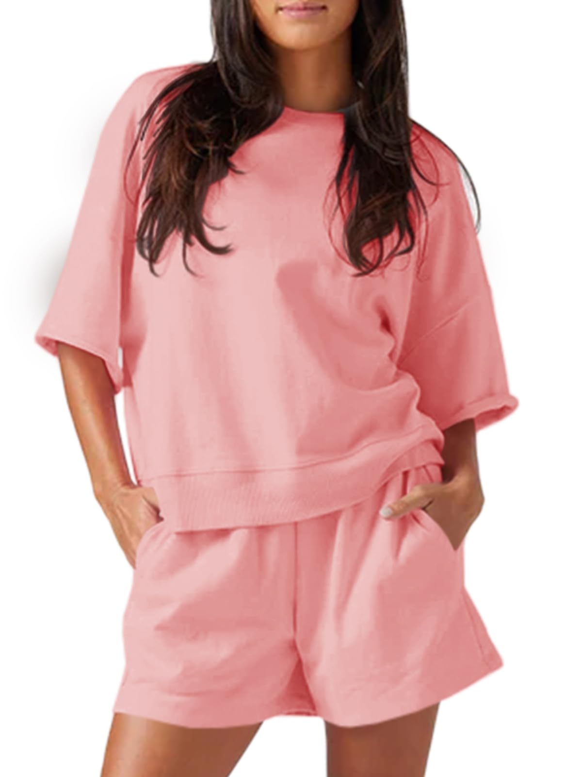 Fisoew Womens 2 Piece Outfits Casual Oversized Cropped Sweatshirt and High Waist Running Shorts Tracksuit Sets