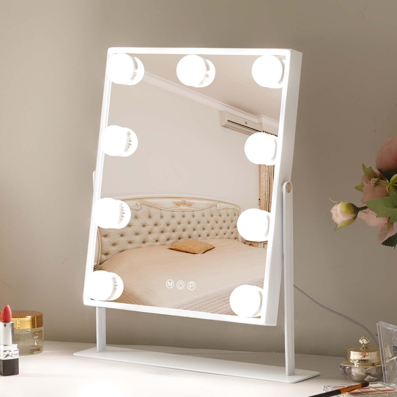 LeisheVanity Mirror with Lights Hollywood Lighted Makeup Mirror with 9 Dimmable Bulbs & 3 Color Lighting Modes, Detachable 10X Magnification Mirror and 360 Degree Rotation(White)