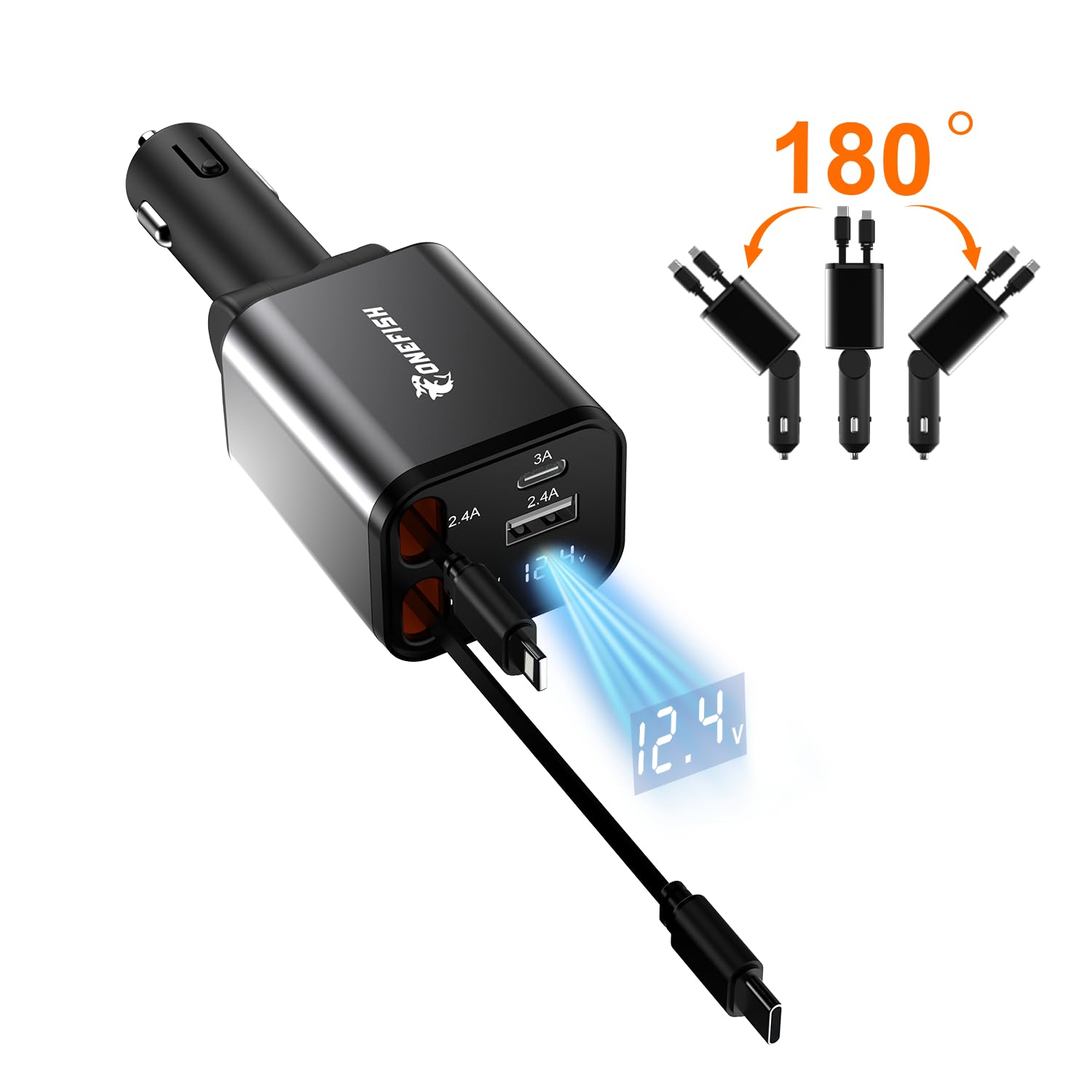OneFish Wysuwana ładowarka samochodowa do szybkiego ładowania, wkładka do zapalniczki samochodowej, adapter ładowarki do telefonów 4 w 1, porty USB typu C, PD30W do iPhone'a 17, 16, 15, 13, 12, 11 Pro