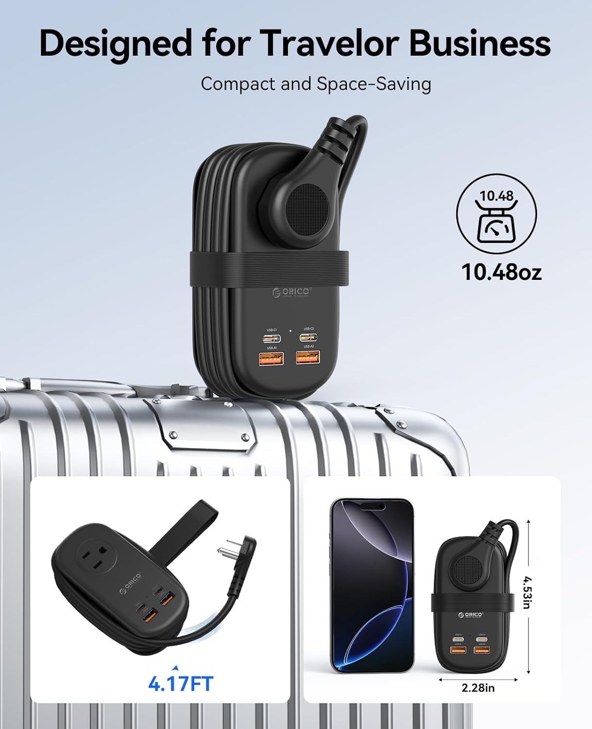 Image showing the compact, wrapped design of the ORICO power strip for travel