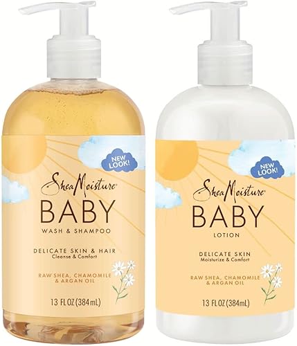 Shea Moisture Baby Essentials lavado y champú de manzanilla de karité crudo y aceite de argán con loción para bebés cuidado de la piel para bebé 13