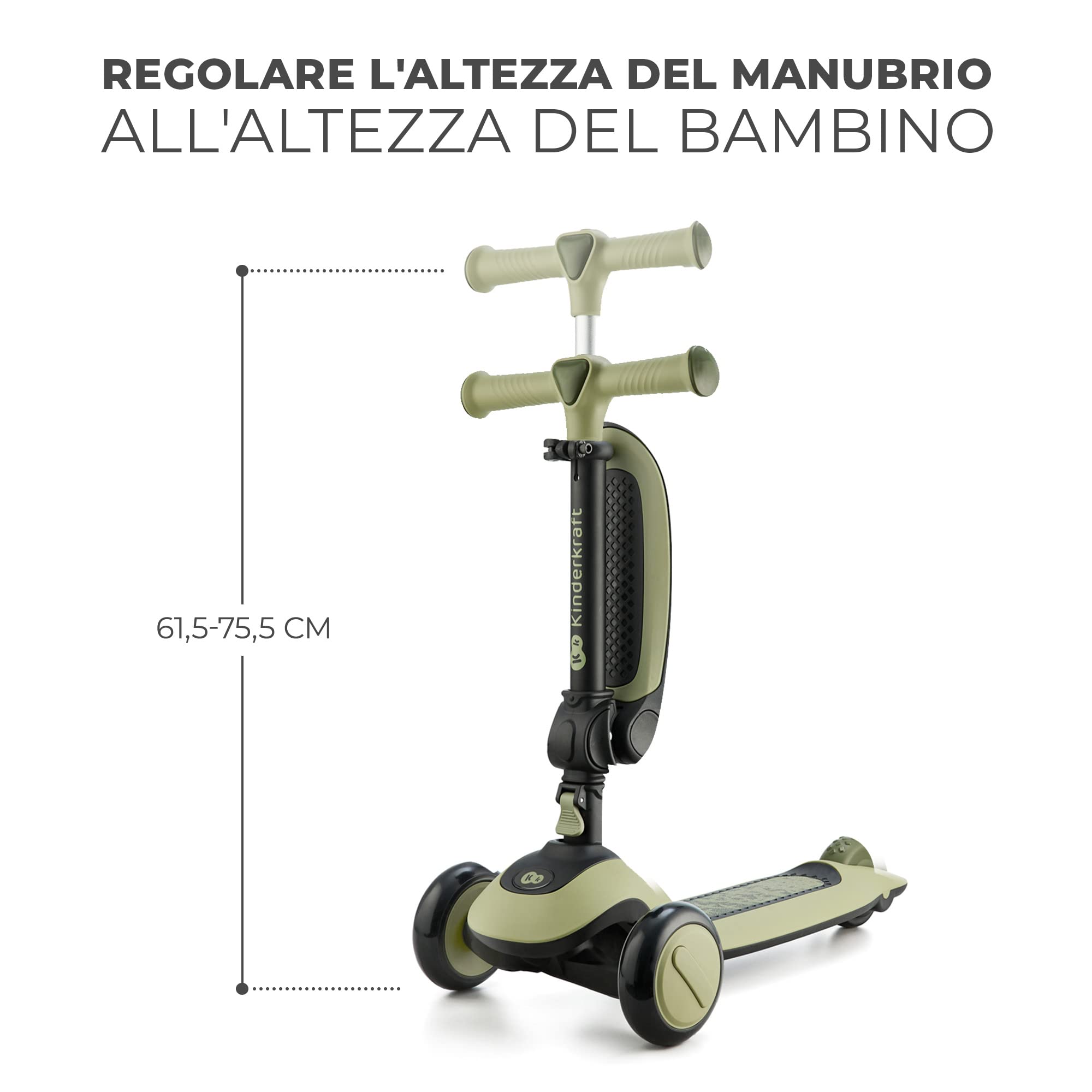Kinderkraft HALLEY Monopattino Bambino, Triciclo bambini 1 anno, con 3 Ruote LED, Pieghevole, Manubrio regolabile in altezza, per Bambini 3-13 Anni, Carico Massimo 50 kg, Verde