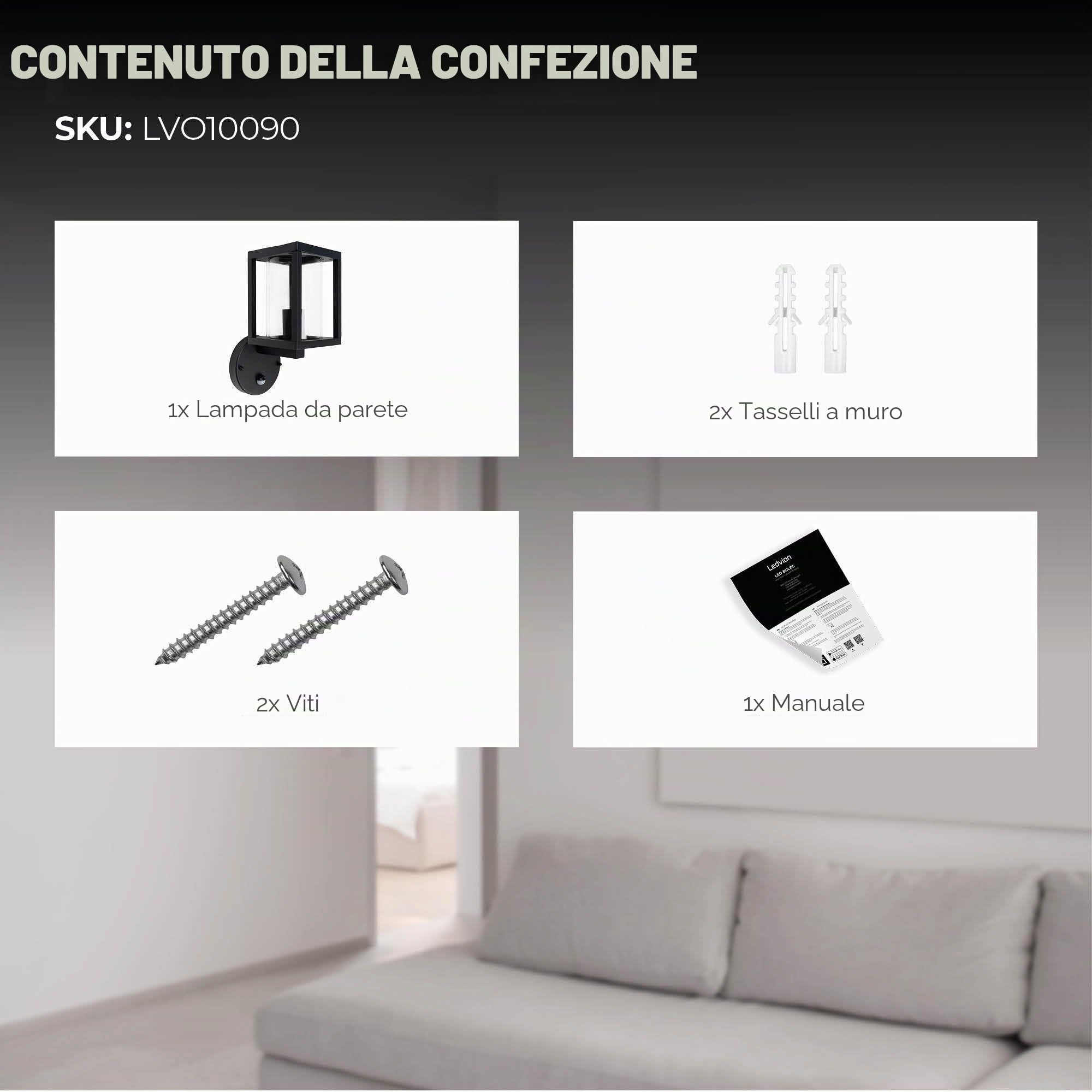 Ledvion - Lampada a Parete Nero, IP44, E27, Sensore di Movimento, Esterno