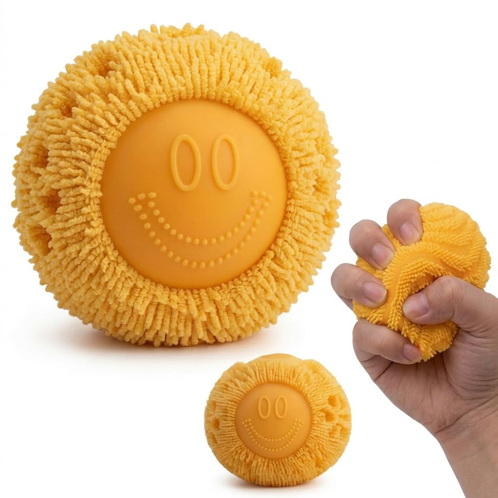 suction Fuzz Ball Squishy Desktop Ornament, Fuzz Ball Desktop Ornament, Soft Yellow Smiley Plush Decor, Home Decoration Accent for Living Spaces, Modern Fuzzy Balls Ornament with Happy Face Design