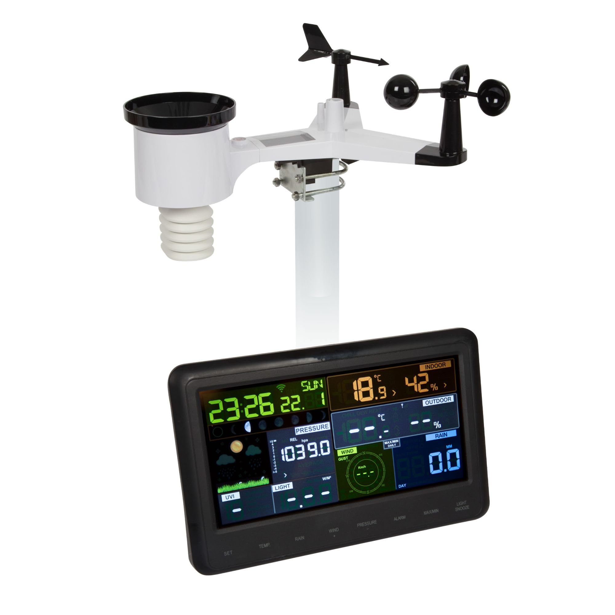 Perel Wetterstation mit Außensensor, Wetterstation Funk, Funkwetterstation groß, Wetterstation batteriebetrieben, WLAN, Wettervorhersage, Thermometer, Regen- und Windmesser, Farbdisplay