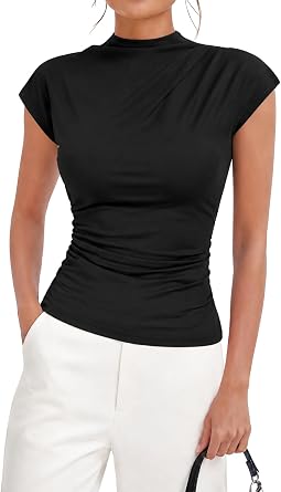 HOTIAN Womens Mock Neck T Shirts 2026 Cap Sleeve Y2K Going Out Tops Business Ruched Casual Office Work Blouses