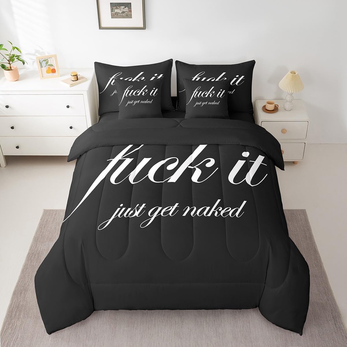Feelyou Funny Quotes 7 PCS Comforter Set with Sheets Get Naked Bed in a Bag Couple Lover Men Women Romantic 7 Pieces Bed in a Bag Set Black White Creative Words Comforter Set with Sheets Queen Size image 2