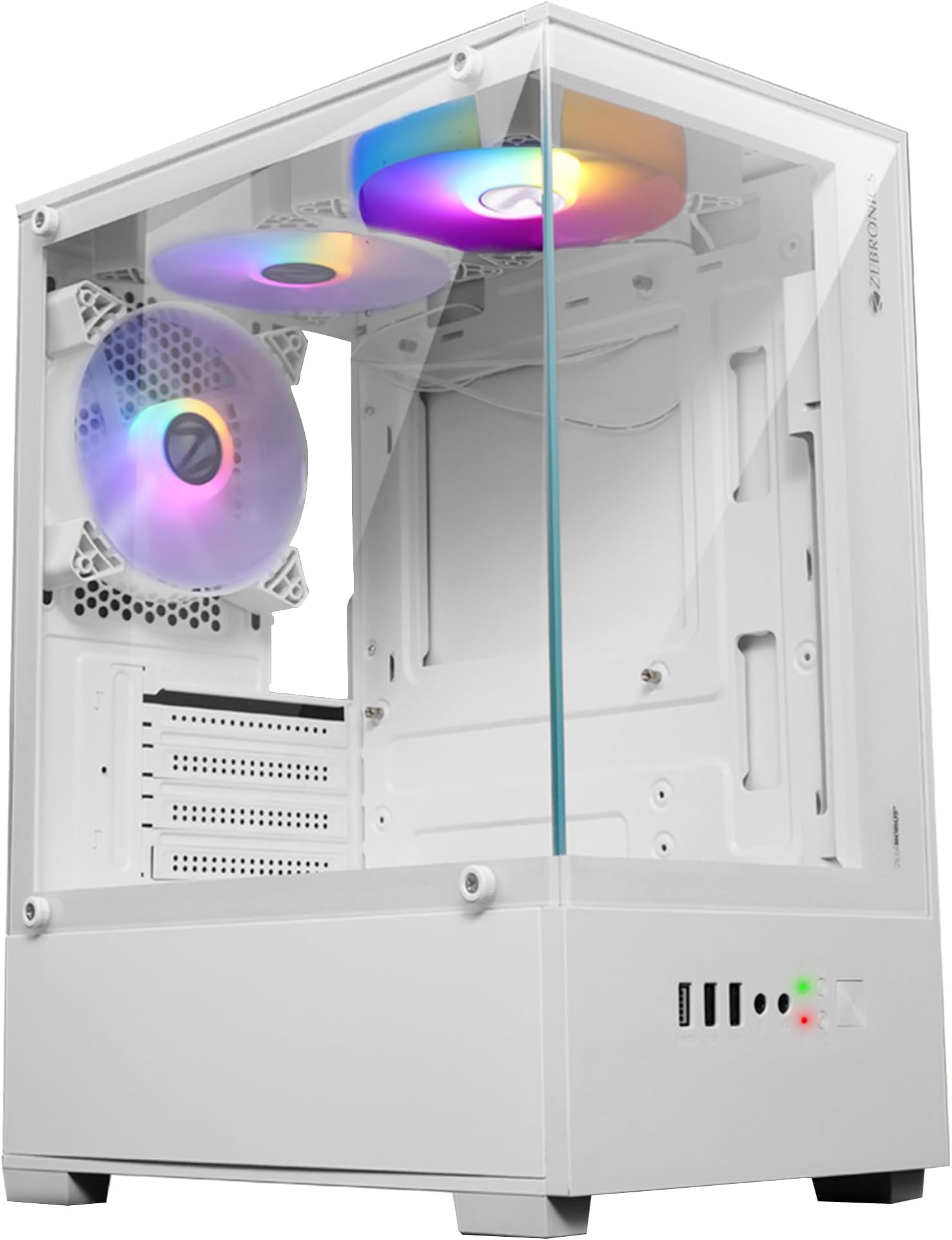 ZEBRONICS ROBUST Premium Gaming Chassis with support for mATX | Mini ITX, Wraparound Tempered Glass, 120mm Multicolor LED Ring Fans, Top Magnetic Dust Filter, 3 Fans Included (White)