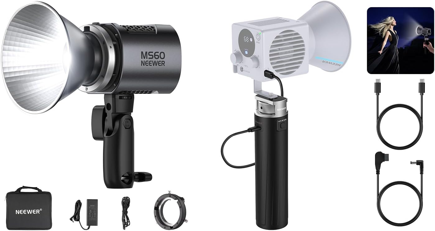 NEEWER MS60 LED Video Light with 2.4G/APP Control, 65W 5600K Daylight Mini COB Continuous Output Lighting, Battery Grip Power Supply for MS HB Series COB Video Lights Included