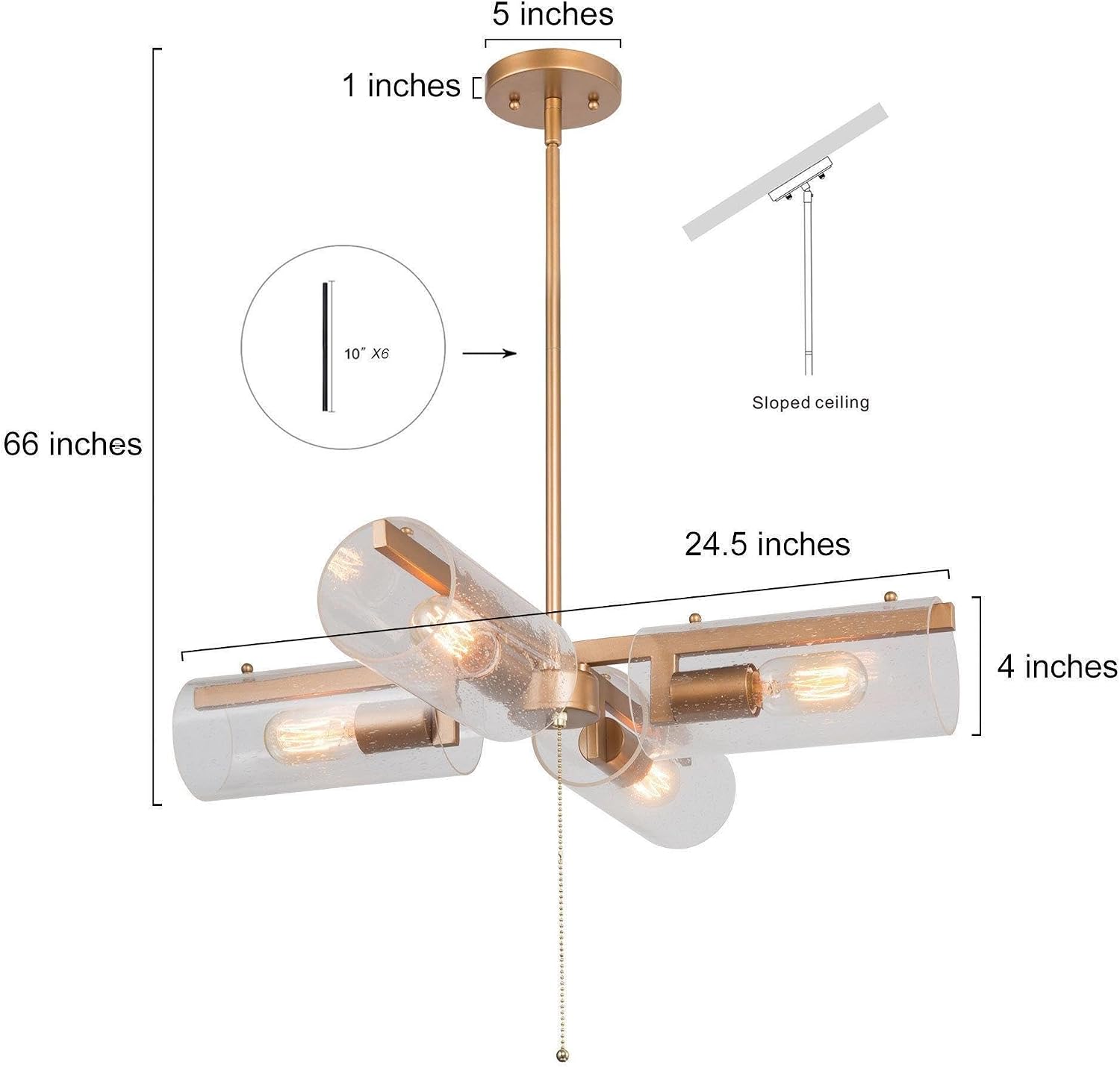 KSANA Gold Chandelier, Modern 4-Lights Semi Flush Mount Ceiling Light with Pull Chain, Large Kitchen Light Fixture with Seeded Glass for Dining Room, Hallway, Foyer and Bedroom