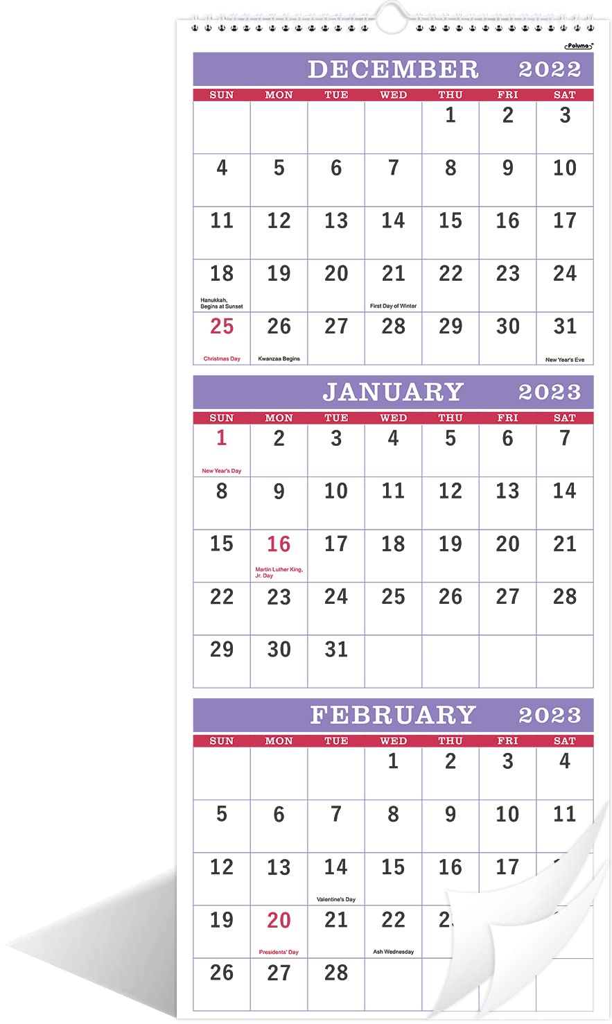2023 Wall Calendar - 3-Month Wall Calendar Display (Folded In A Month), Jan. 2023 - Dec.2023, 11.25 X 26, 2023 Wall Calendar, 3 Month Calendar, 3 Month  Vertical Calendar With Thick Paper - Purple