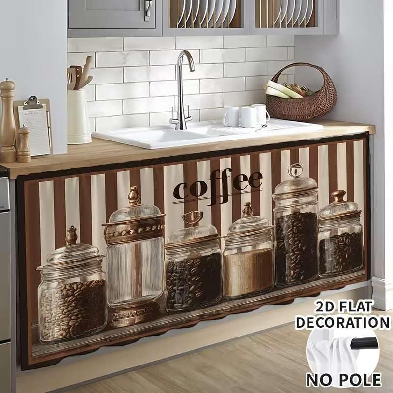 Image of Kitchen Premium Rod Pocket Cabinet Curtain, Heavy Quality Dust-Proof Under-Counter Storage Cover for Open Shelves, Pantry, Washbasin Area (2, Coffe)