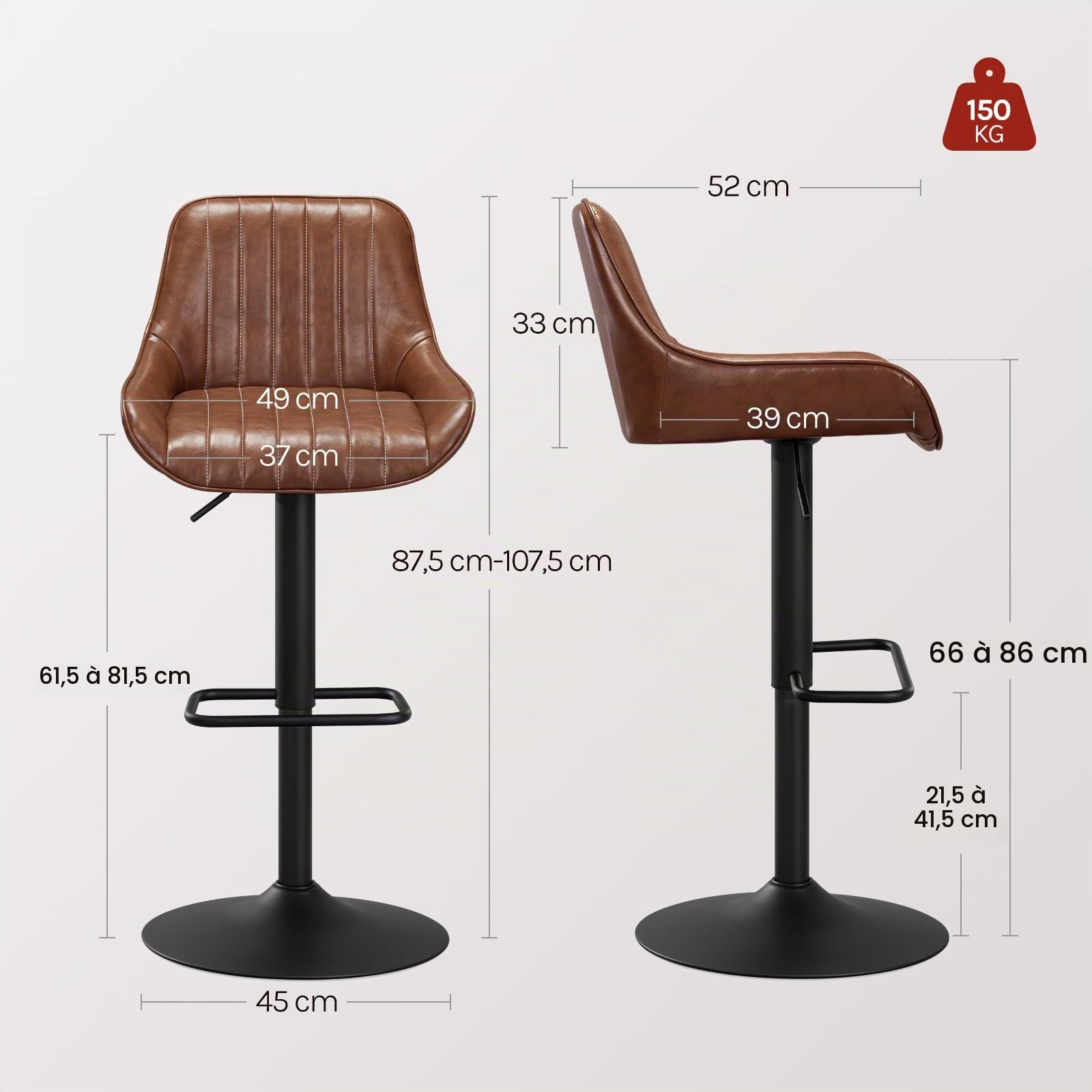 WOLTU Tabouret Bar, Chaise Haute Cuisine, Réglable en Hauteur, avec Accoudoirs et Dossier, Siège Rembourré, pour Ilôt Central Cuisine, Bar, Restaurant, en Faux Cuir Ciré + Métal, Brun